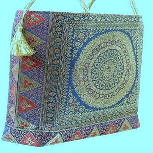 Women's Beautiful Indian Art Silk Golden Brocade Tote <b>Bag</b> <b>Peacock</b> Design Casual Style Zipper Closure Tassel Handmade Silk Lining - Product Image 3