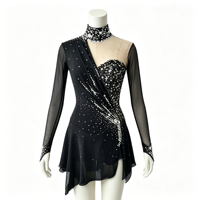 Robe de patinage artistique noire asymétrique à manches longues transparentes avec strass pour enfants et adultes, pour compétitions et spectacles sur glace
