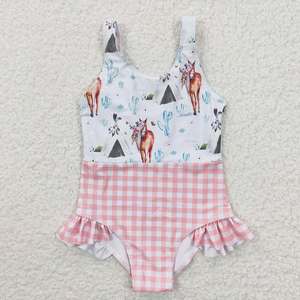 Traje de Baño de <span class=keywords><strong>Dos</strong></span> Piezas para Niñas, Estampado de Caballos y Cactus del Oeste, con Volantes y Cuadros Rosas, Venta al Por Mayor - Product Image 3