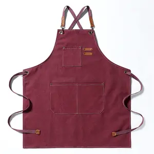 Heavy Duty Coffee Shop Chef Restaurant Men Leather Garden BBQ Grilling Denim Cotton Barber Canvas Work Aprons With Tool Pockets