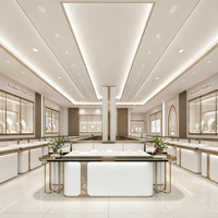 Solution complète d'aménagement de boutique de bijoux moderne et minimaliste : vitrine en verre blanc et or champagne, îlot incurvé