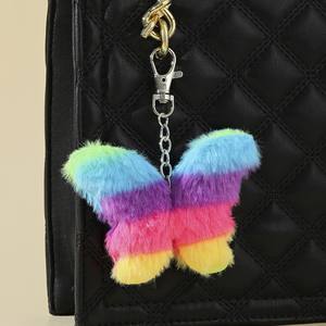 2025 nouvelle dame multicolore en peluche papillon porte-clés à la main doux pompon boule doux arc-en-ciel coloré en peluche porte-clés pendentif - Product Image 1