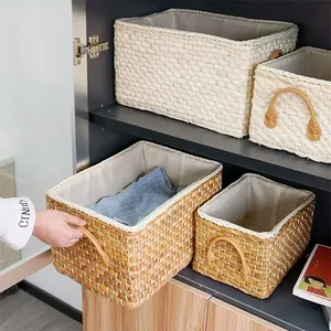 Panier de rangement écologique en écorces de maïs tressées avec doublure en toile et poignées en PU, style européen, organisateur de bureau pour garde-manger, salle de bain, placard - Product Image 1