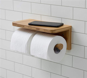 MVKV Toiletrolhouder met Plank en Opslag, Bamboe Wc Wandmontage Wipe Houder, Grote Capaciteit Badkamer Toiletrolhouder