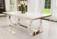Mesa de comedor de lujo blanca y dorada-Marco de metal de acero inoxidable