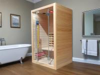 Ruang Sauna Hemlock Red Cedar SS-100R dengan Pemanas Kaca Merah, Desain Modern, Spektrum Penuh, Daya 8KW, Inframerah Jauh, untuk 1 Orang