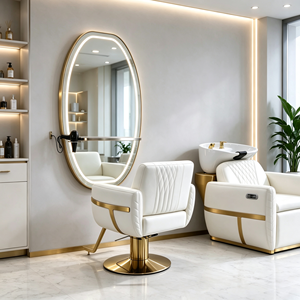 Ensemble de fauteuil de barbier et de fauteuil de lavage de luxe or et blanc, avec bac à shampoing en céramique et miroir de salon LED, mobilier de coiffure - Product Image 1