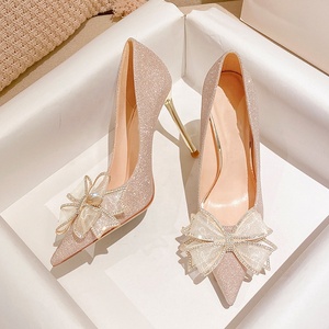 Wholesale Satin Slip-On Summer Point Toe Silver D'Orsay Pumps Bridal <b>Shoes</b> for Women High Heel Bridesmaid - Product Image 1