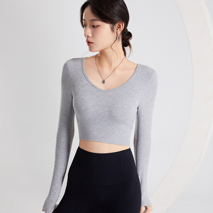 Haut Court <span class=keywords><strong>Femme</strong></span> Ajusté Rembourré Printemps-Été Manches Longues Décontracté Col Cœur Teint Uni - Product Image 5
