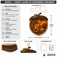 Boîte à ombres 3D personnalisée en forme de gland superposé |   Scène de forêt d'automne découpée au laser en contreplaqué de peuplier |   Décoration murale sur le thème de la faune : renard