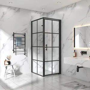 新款欧式转角简易钢化玻璃黑格铝框枢轴淋浴间