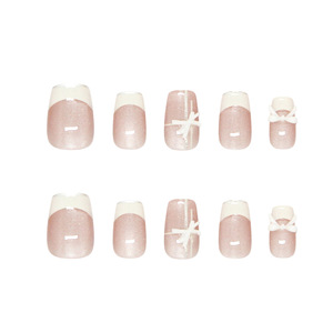 30 faux ongles carrés courts blancs style French, effet œil de chat, avec nœuds 3D, lignes French blanc laiteux, pour nail art, à presser, détachables - Product Image 5