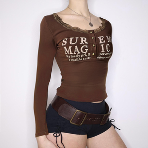 Letter Print Lace Crewneck Long Sleeve Top Button Front Slim Fit Spring Autumn Vintage Versatile Layering Casual Top - Product Image 2