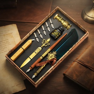 Penna Stilografica in Metallo Stile Calligrafia Retrò, Logo Personalizzato, Penna a Immersione, Regalo Aziendale, Set con Penna a Piuma, Sigillo in Ceralacca, <span class=keywords><strong>Pennino</strong></span> Obliquo da 0,7 mm - Product Image 1