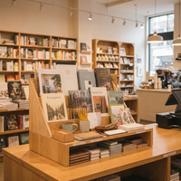 Vitrine de présentation en bois massif pour librairie avec logo personnalisé et éclairage LED pour présentoir de magasin