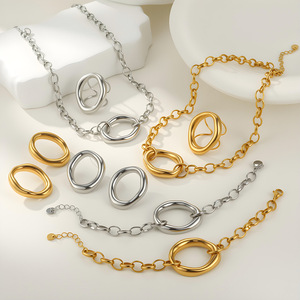 Wholesale Waterproof Stainless Steel Irregular Hollow Oval Chain Jewelry <b>Set</b> 18K Gold Tone Pendant Necklace <b>Bracelet</b> Ring <b>Set</b> - Product Image 2