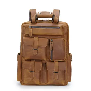 TIDING Hot Sale Crazy Horse Leather Retro Cowhide Multiple Pocket Laptop Backpack Day Pack Men Leather Rucksack