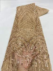 قماش دانتيل جديد من NI.AI بنمط مخطط مع لؤلؤ وترتر، قماش دانتيل قصير مزين بالخرز والترتر مع اللآلئ - Product Image 6