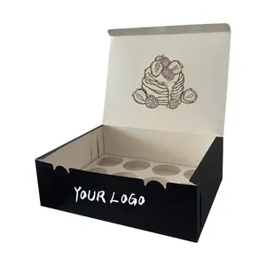 Cupcake/Tart Packaging Black Box Cardboard Large Pastry Box with 6/12 Insert Bakery Take out Container for Cookie Cupcakes Pie