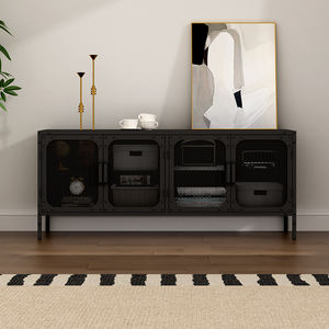 خزانة تلفزيون عصرية وأنيقة بأبواب شبكية معدنية سوداء وسطح خشبي مع حل تخزين بأربعة أبواب للمنزل أو الفندق أو ملفات المكتب - Product Image 1