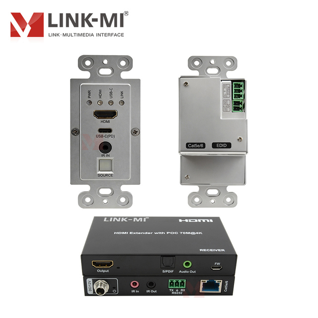 70M 4K60Hz HDMI + Type-C Extender Wallplate Box Kit with IR POC SPDIF Audio Extraction