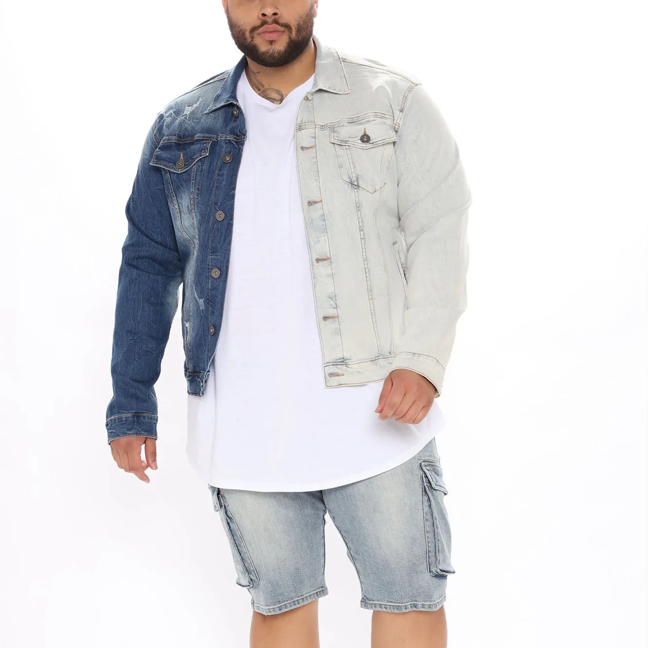 Custom Men Clothing 2022 Latest Style Contrast Denim Jacket Distressing Two Tone Bule Washed Jackets Custom for Big and Tall Men