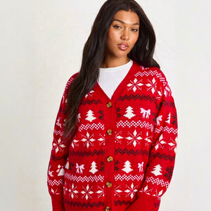 Cárdigan Rojo de Mujer con Cuello en V y Botones, Suéter de Punto Jacquard para Invierno - Product Image 1