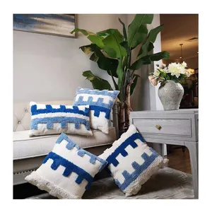 波西米亚摩洛哥棉编织枕头套白色和蓝色条纹簇绒垫套为家庭