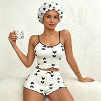 P589 Geripptes Pyjama-Set mit Herzprint, Camisole und Shorts, mit Duschhaube und Schlafmütze für Damen, Schwarz, Schlafanzug, Nachtwäsche