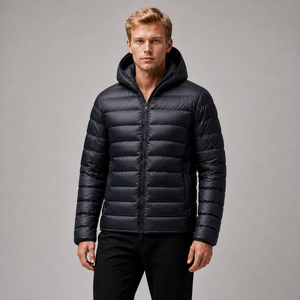 Manteau d'hiver unisexe pour homme, à capuche, couleur unie, fermeture éclair, style décontracté, noir, coupe ajustée, 90% de duvet - Product Image 1