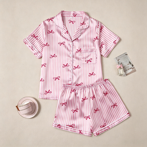 Conjunto de Pijama Corto con Estampado de Rayas y Lazo para <span class=keywords><strong>Mujer</strong></span>, Acabado Satinado, Suave, Verano, Dos Piezas, Ropa de Dormir - Product Image 1