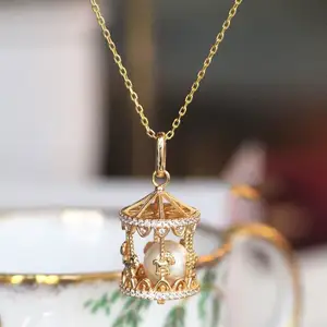 Pha Lê 925 Sterling bạc mạ trang sức phụ kiện dễ thương động vật Carousel ngựa mặt dây chuyền Vòng cổ vàng Vòng cổ