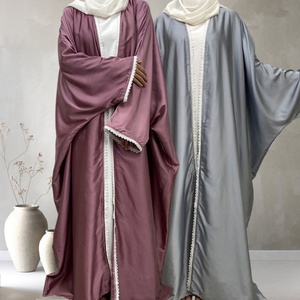 Light Shiny Satin Silk Abaya Batwing Sleeve <b>Cardigan</b> with Cute Lace for Muslim Women Islamic Clothing 1429# - Product Image 1