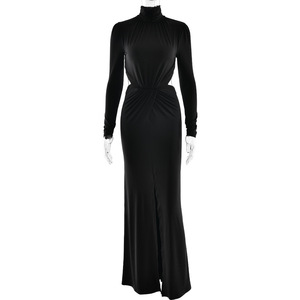 Vestido de suéter de manga larga con cuello alto, abertura y cintura plisada, ajustado, para mujer, color liso, elegante, para otoño e invierno - Product Image 5