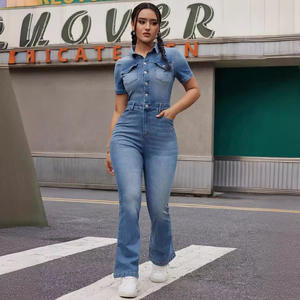 Nouvelle vente chaude commerce extérieur lavé une pièce pantalon droit élastique une pièce jean femmes combinaisons combishorts - Product Image 1