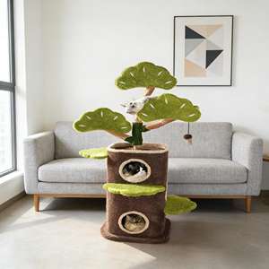 وصل حديثًا: أثاث قطط داخلي متين من خشب المطاط، يتضمن مسند تسلق متعدد الطبقات وخدّاشة من السيزال مع منصات استراحة ناعمة من القطيفة. - Product Image 1