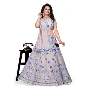 Ensemble de lehenga choli en georgette pour femmes, brodé de fleurs, tenue de mariée avec dupatta, vêtements de fête de mariage - Product Image 1