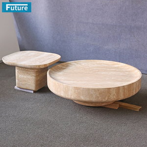 Ensemble de tables basses Wabi-sabi en pierre naturelle 100% - Travertin beige rond et carré avec socle bas pour café, hôtel, appartement - Product Image 1