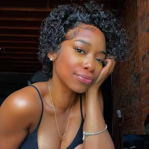 Giá sỉ tóc giả tóc người thật 100% nguyên chất, kiểu pixie ngắn xoăn, chất liệu ren HD Thụy Sĩ 13*1 full frontal - Product Image 1