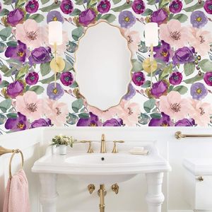 HAOKHOME 2025 New Arrival Floral Peel Stick Vinyl Wallpaper Purple/Pink/Green Boho Style 17.7in X 9.8ft Contact <b>Paper</b> <b>Kitchen</b> - Product Image 6
