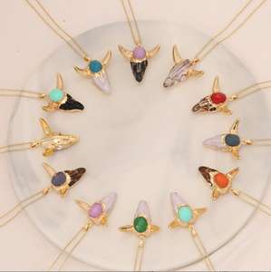 Colgante de cabeza de <span class=keywords><strong>toro</strong></span> de piedra natural de acero inoxidable, collar, joyería, playa, estilo bosniano - Product Image 1