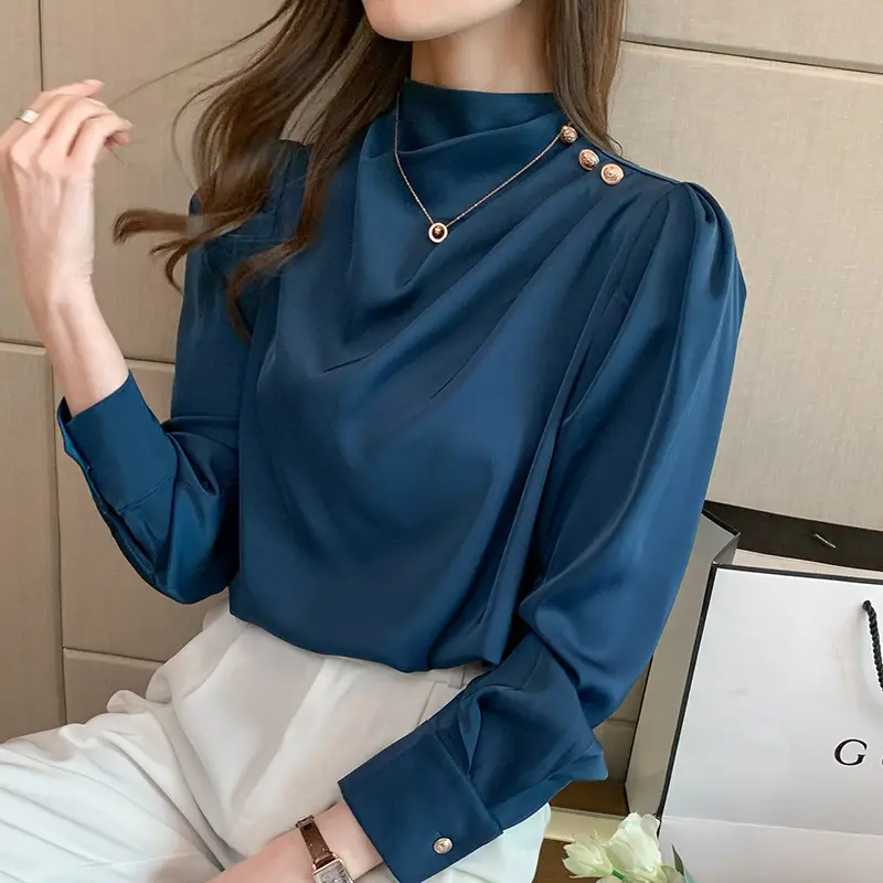 2023 Women Fashion Stain Puff Long Sleeve Shirts Blouse Tops Stand Collar Lady Elegant Loose Button Decor Casual Shirt