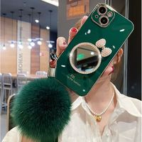 Coque de téléphone antichoc de luxe pour filles avec nœud, strass, placage miroir, TPU et boule de fourrure, avec dragonne, pour 13 12 Pro Max