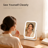 Miroir de maquillage éclairé blanc 20x25cm, miroir de bureau rotatif à 360°, coins arrondis, 3 modes de couleur, variateur d'intensité, capteur tactile, 1X HD