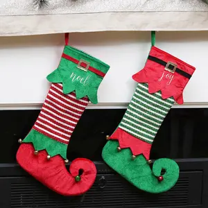 EAGLE GIFTS Großhandel Rot und Grün Filz Weihnachten Dekor Geschenk Candy Bag Socke Bestickt 18 Zoll Elf Boot Weihnachts strumpf mit Glocke