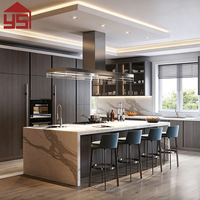 Gabinetes de Cocina Modulares Inteligentes Modernos de Lujo, Gabinetes de Cocina con Chapa de Madera Natural y Juego de Isla