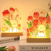 Kit de Pintura Acrílica DIY de Tulipanes con Base de Madera, Diseño Floral 3D con Luz LED, Manualidad Artística para Padres e Hijos