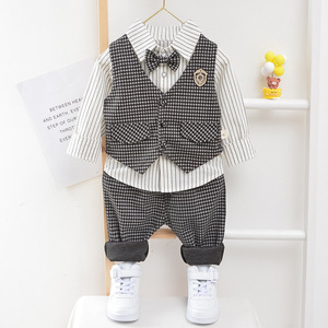 Vêtements pour enfants en gros, bébé garçon de 1 à 3 ans, printemps automne, style britannique, motif à carreaux, tissu en coton, costume trois pièces, <span class=keywords><strong>gilet</strong></span> - Product Image 2