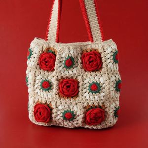 Handmade Crocheted Shoulderbag for Women Camellia Series Grandmother <b>Bag</b> Double-deck Fashionable <b>Accessory</b> Handbag - Product Image 2