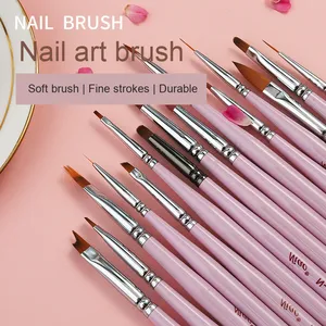 <b>Crimped</b> Ferrule Manicure Pen <b>Set</b> with Lid Petal Nail Brush Flat Nylon Hair Wooden Painted Handle Gel Nail Art Painting Brushes - Product Image 2